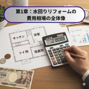 電卓と間取り図を前にリフォーム費用を計算しているイメージ画像。水回りリフォームの費用相場を示しています。