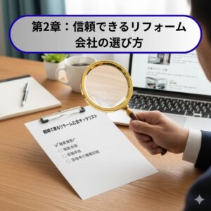 虫眼鏡でチェックリストを確認し、信頼できるリフォーム会社を厳選しているイメージ画像。