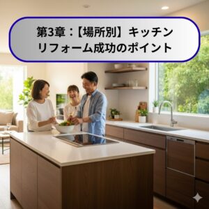 リフォームで新しくなった明るい対面式キッチンで、家族が楽しそうに会話している画像。キッチンリフォームの成功ポイント。