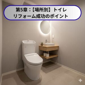 タンクレストイレと手洗いカウンターが設置された、清潔ですっきりとしたトイレ空間の画像。トイレリフォームの成功ポイント。
