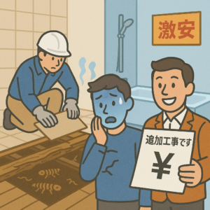 リフォーム解体後に家の腐食が見つかり、「激安業者」から高額な追加工事を請求されて驚く施主のイラスト。