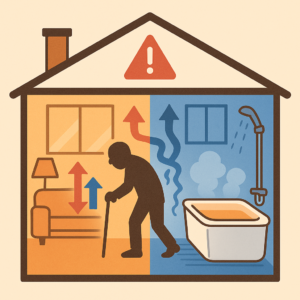 暖かいリビングと寒い浴室の急激な温度差が、ヒートショックを引き起こす危険性を示したイラスト。