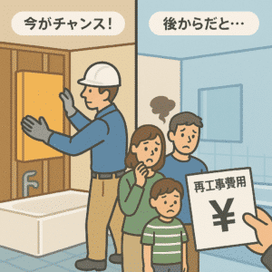 水回りリフォームの解体時に「同時に」断熱工事を行う様子と、後から断熱しようとして高額な費用に驚く家族の比較イラスト。