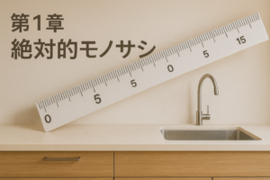 木目のカウンターとステンレスシンクの背景に、斜めの白い定規。左上に「第1章 絶対的モノサシ」の文字が入った計測イメージ。