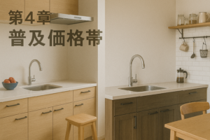 シンプルな明るいキッチンと、棚や小物が印象的な温かみのあるキッチンを並置。上部に「第4章 普及価格帯」の文字。