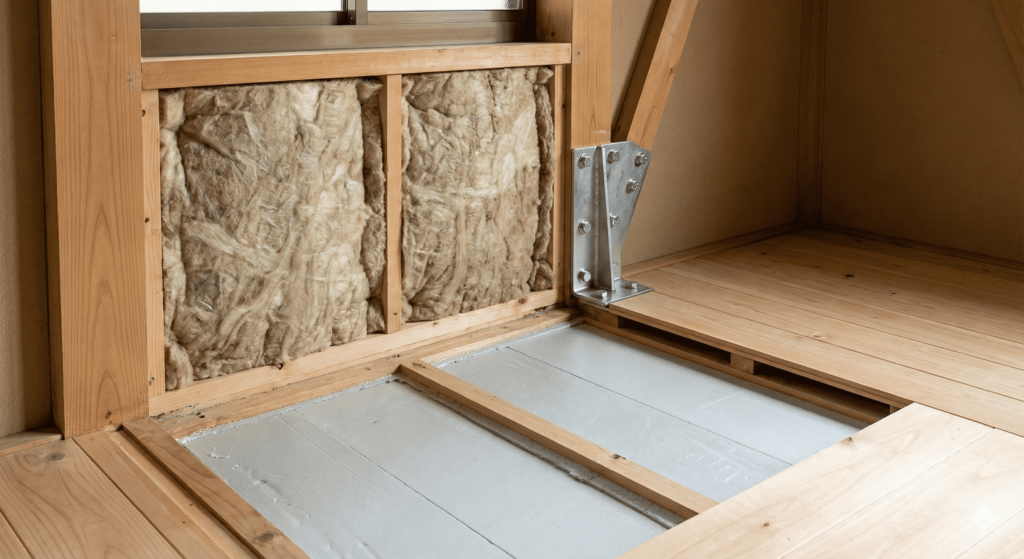 壁内と床下に隙間なく施工された断熱材と、新しく設置された頑丈な耐震補強金物の施工クローズアップ写真。