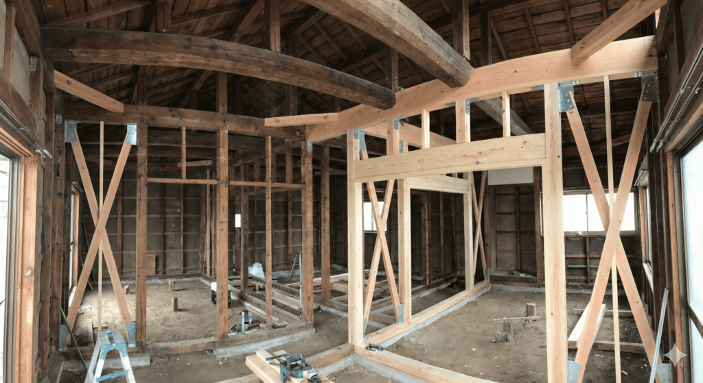 内装がすべて撤去され、柱と梁の骨組みがあらわになったフルスケルトンリノベーションの工事現場写真。