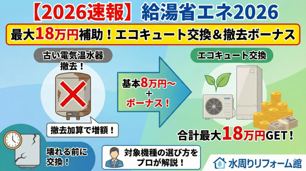 【2026速報】給湯省エネ2026は最大18万円補助!古い電気温水器を撤去してエコキュートへ交換すると、基本補助額8万円〜に加えて撤去ボーナスで増額される仕組みを図解。壊れる前の交換を推奨し、対象機種の選び方をプロが解説。 4枚目:先進的窓リノベ2026(窓・ドア)用サムネイル
