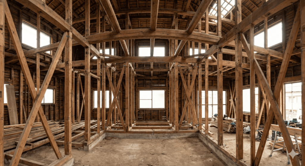 大規模なフルリノベーション工事で、内装がすべて解体され建物の骨組み(構造体)だけになったスケルトン状態の現場。