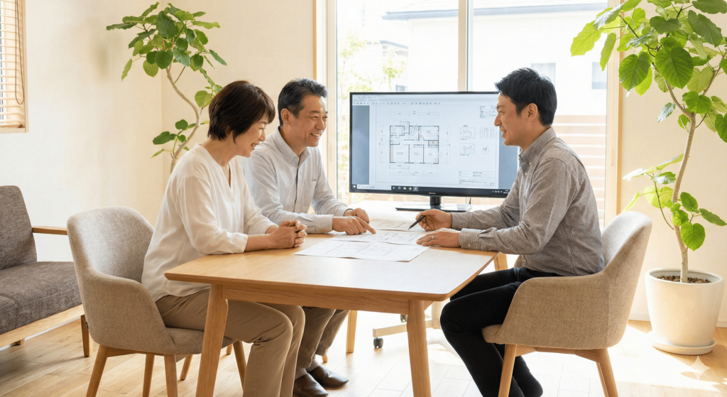 明るく清潔感のある相談スペースで、リフォーム会社の担当者とモニターの図面を見ながら笑顔で打ち合わせをしているご夫婦。