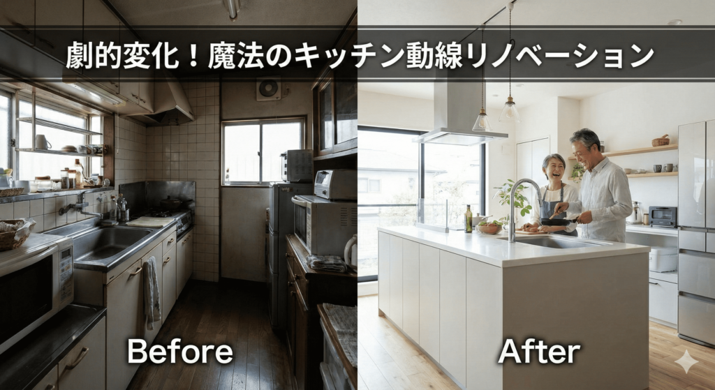 築40年の暗く狭いキッチン(Before)と、リノベーション後の明るく開放的な対面キッチンで笑顔で料理するご夫婦(After)の比較写真。
