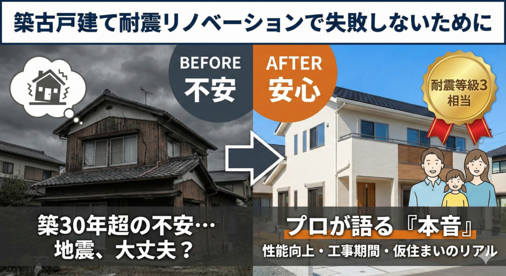 築古戸建て耐震リノベーションのビフォーアフターを示すサムネイル。左は地震に不安な老朽住宅、右は耐震等級3相当で安心なリノベーション後の住宅と笑顔の家族。タイトルは「築古戸建て耐震リノベーションで失敗しないために」。