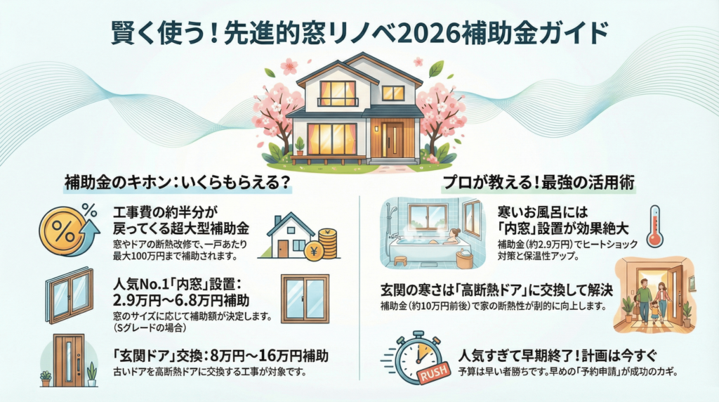 先進的窓リノベ2026を一枚の画像で解説しています。