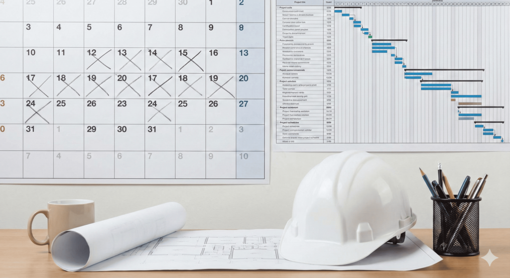 工事現場の事務所のデスク。ヘルメットや図面があり、壁には詳細な工事工程表とカレンダーが掲示されている。