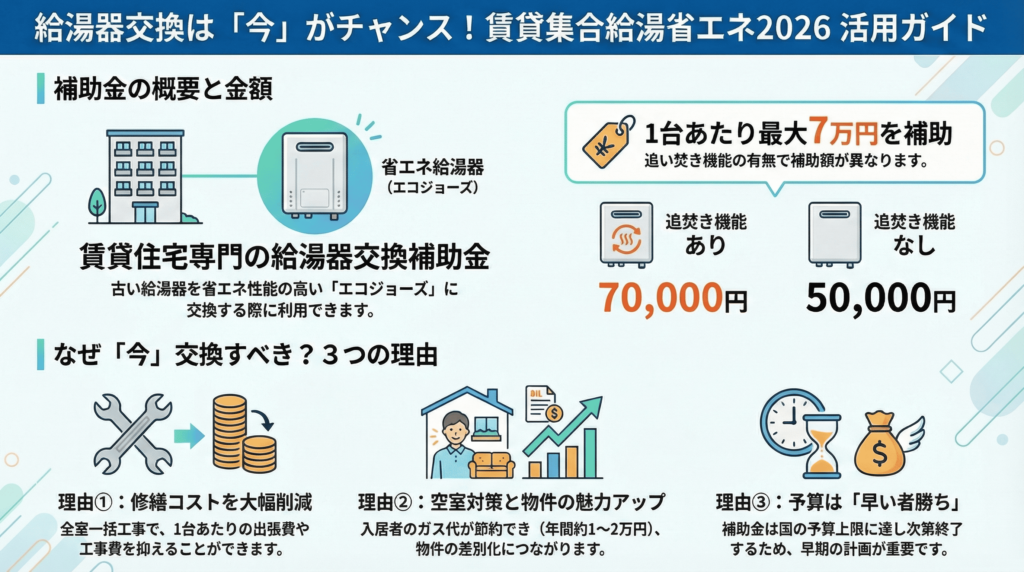 賃貸集合給湯省エネ2026事業を一枚のにまとめた画像