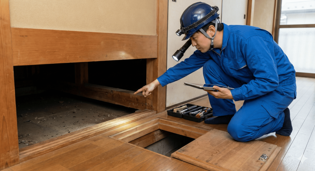 ヘルメットとライトを装着した専門の検査員が、床下点検口から建物の基礎や構造の状態を詳しく診断している写真。