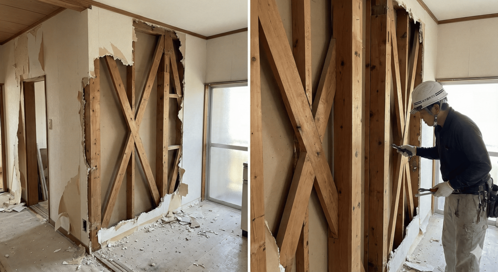 リフォーム解体工事で壁を撤去した際に現れた、建物を支える重要な木造構造材である筋交い(すじかい)の写真。