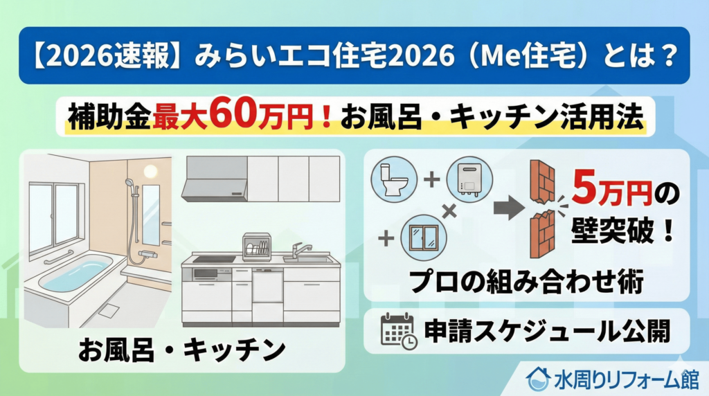 【2026速報】みらいエコ住宅2026（Me住宅）とは？補助金最大60万円のお風呂・キッチン活用法。トイレ・給湯器・内窓を組み合わせることで補助金申請の「5万円の壁」を突破するプロの術と申請スケジュールを公開。 3枚目：給湯省エネ2026（エコキュート）用サムネイル