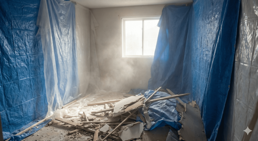 ブルーシートで覆われ、埃が舞い、床に廃材が散乱している解体工事中の部屋。住みながらの工事が困難な様子。