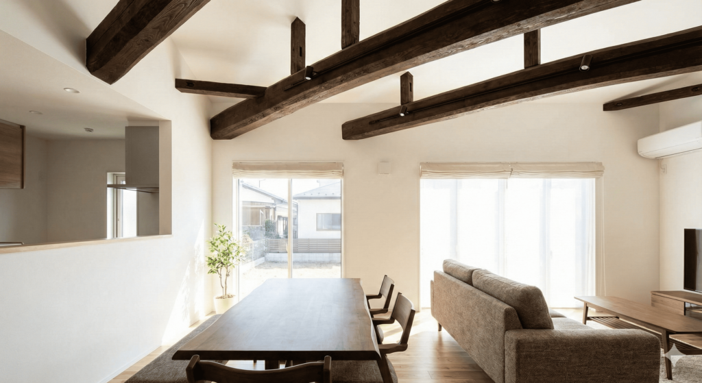耐震リノベーションが完了した、明るく開放的なリビングダイニング。古い梁がデザインとして活かされている。