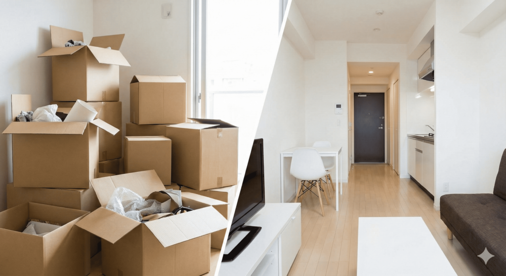 引っ越し荷物の段ボールが積まれた部屋（左）と、整理された仮住まい用のマンションの部屋（右）の比較写真。