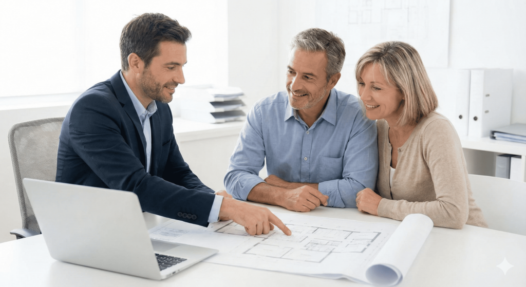 建築の専門家が、笑顔で顧客夫婦に図面を見せながら説明しているリノベーションの打ち合わせ風景。