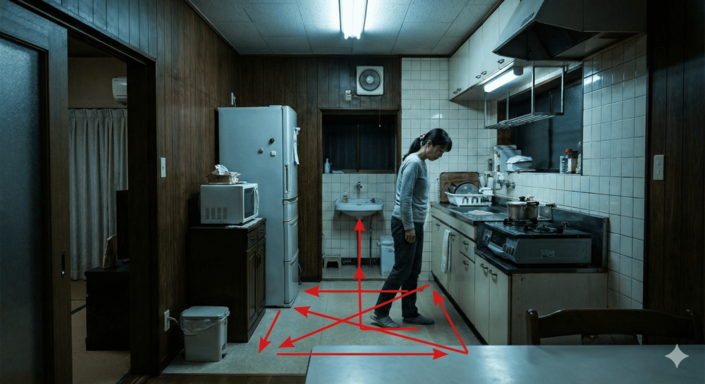 築古の孤立した台所で、冷蔵庫・シンク・コンロ間を何度も行き来する複雑で無駄な動線を赤い矢印で示したイメージ図。