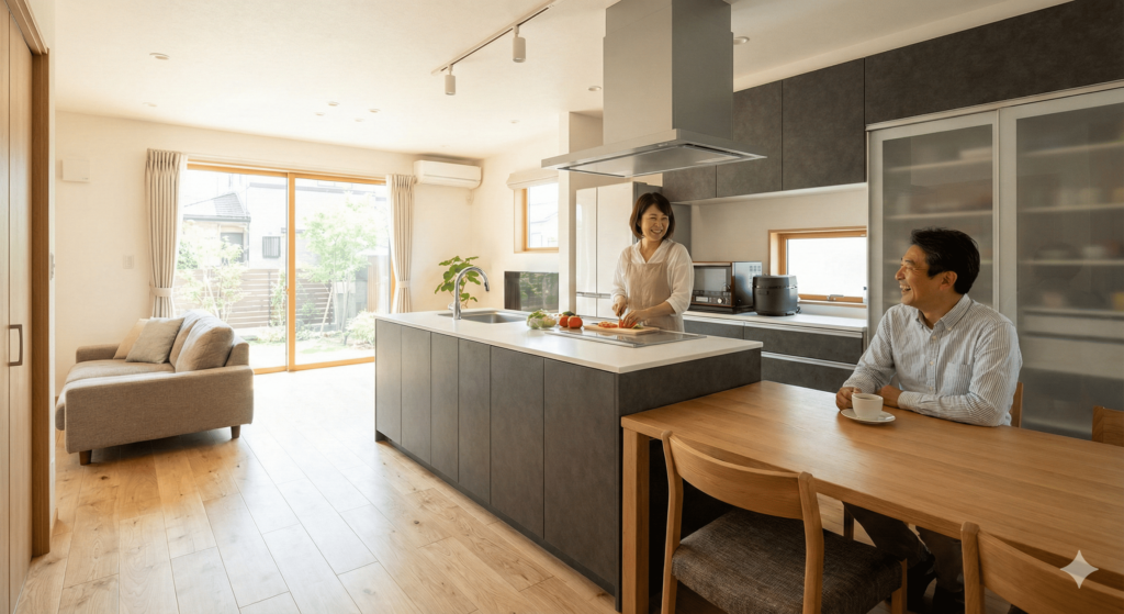 性能向上リノベーションで生まれ変わった明るく開放的なLDKで、対面キッチンで料理をする妻とダイニングで笑顔で話す夫の様子。