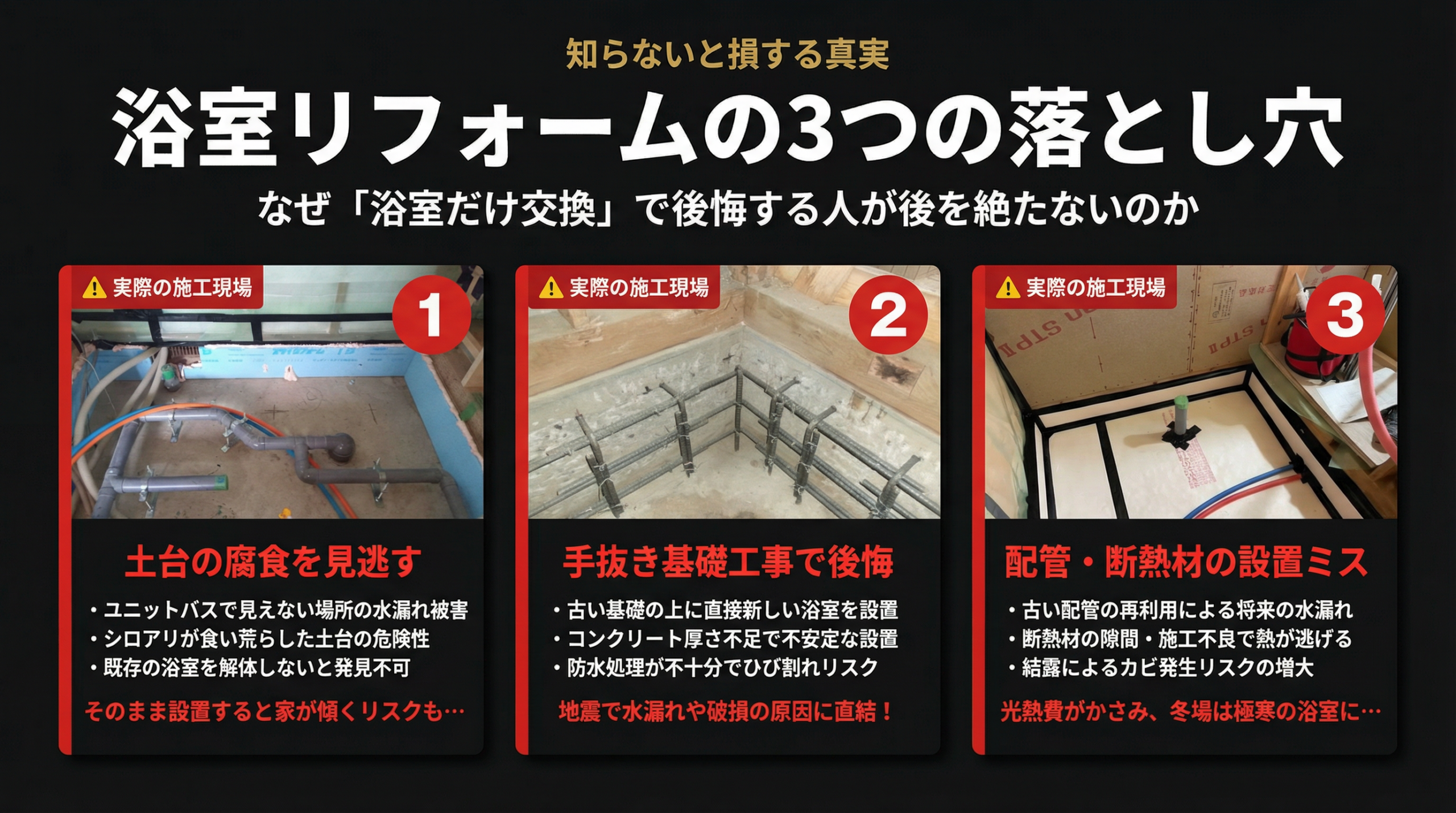 浴室リフォームの3つの落とし穴 - 土台の腐食を見逃す・手抜き基礎工事で後悔・配管断熱材の設置ミス