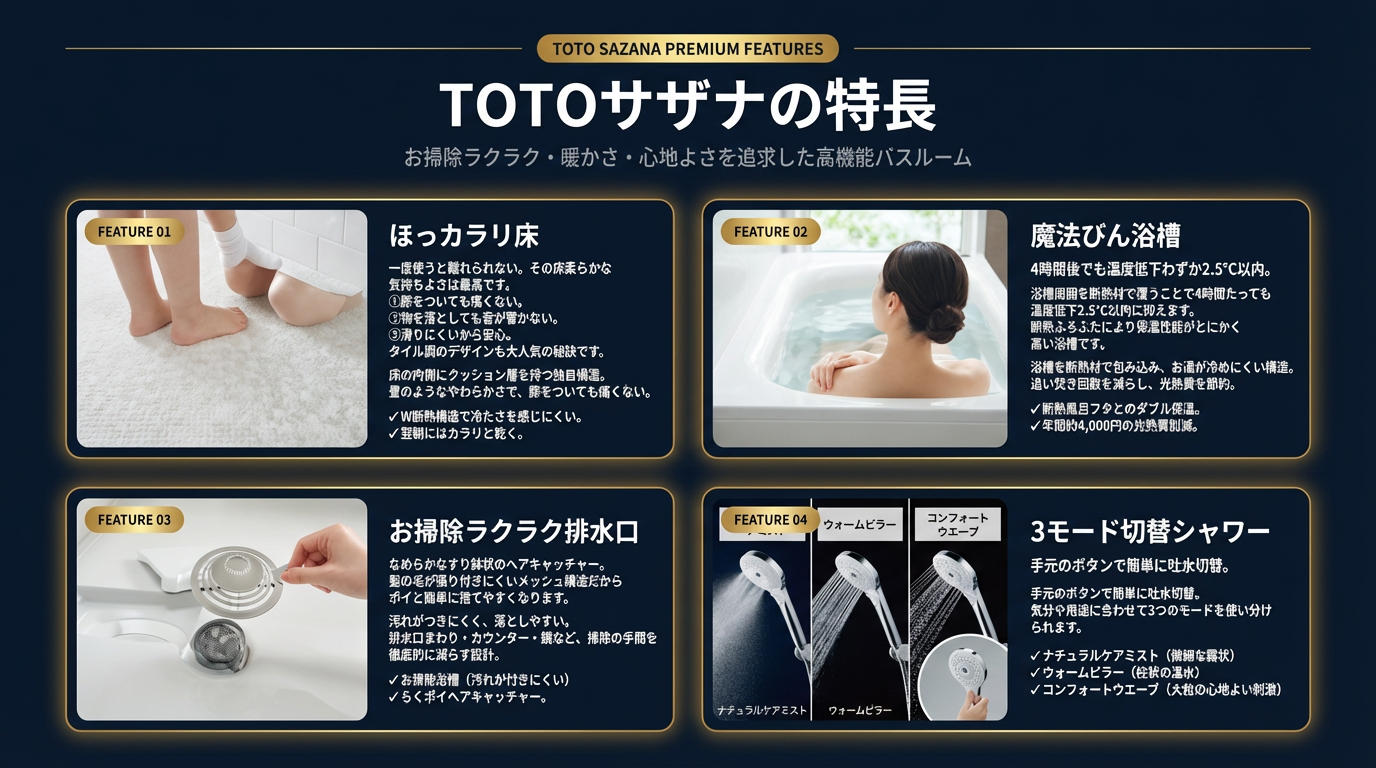TOTOサザナの特長 - ほっカラリ床・魔法びん浴槽・お掃除ラクラク排水口・3モード切替シャワー