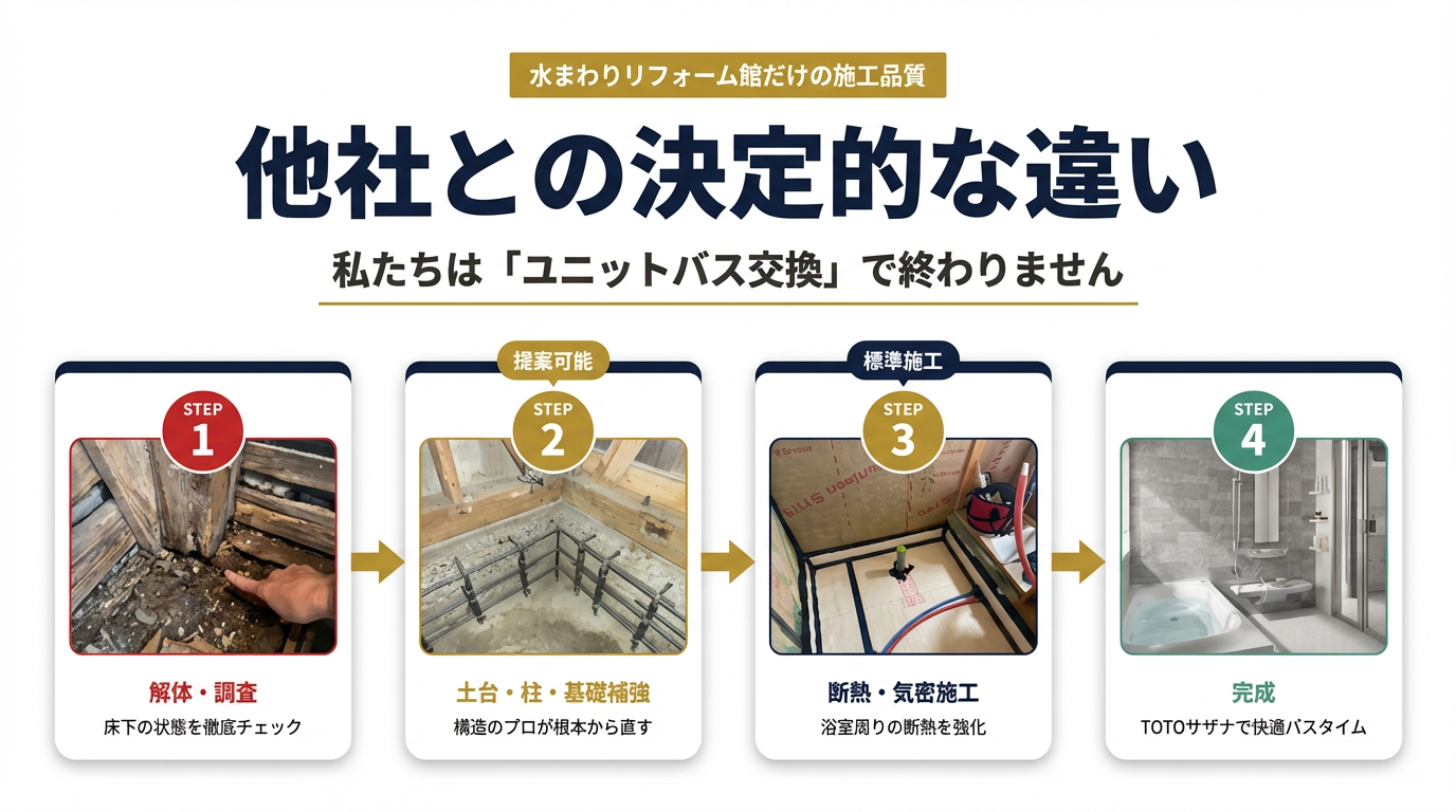 他社との決定的な違い - 私たちは「ユニットバス交換」で終わりません。解体・調査→土台・柱・基礎補強→断熱・気密施工→完成
