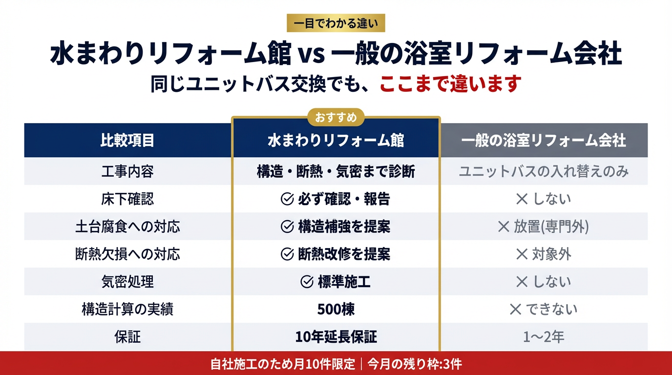 水まわりリフォーム館 vs 一般の浴室リフォーム会社 - 同じユニットバス交換でも、ここまで違います
