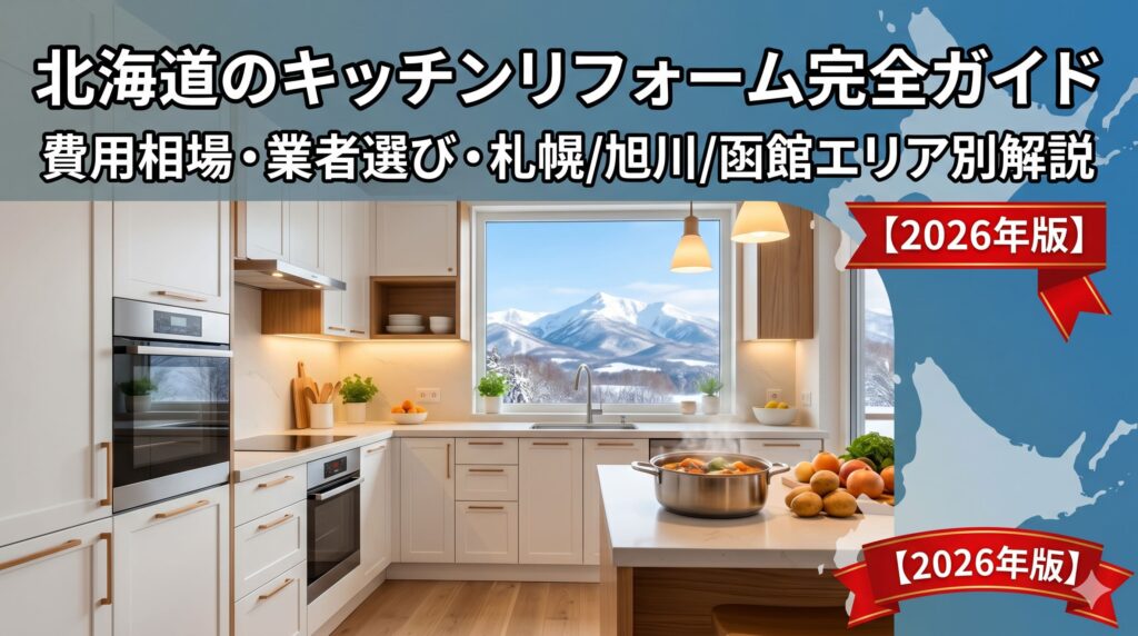 北海道のキッチンリフォーム完全ガイド【2026年版】のアイキャッチ画像。雪山の見える暖かく清潔なキッチンの写真と、北海道のシルエット、記事タイトルがデザインされています。